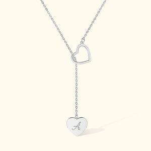 Personalized Dainty Double Heart Lariat Sterling Silver Necklace with Engraved A